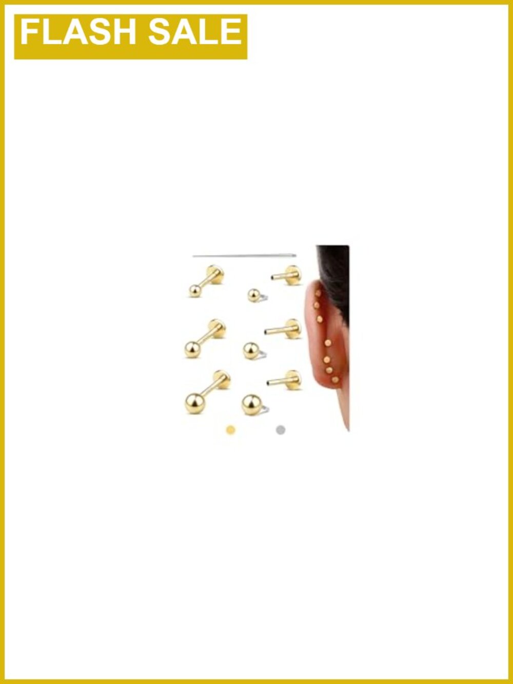 14K Gold Plated Flat Back Earrings Set, 18G/16G/20G, 316L Surgical Steel, 3